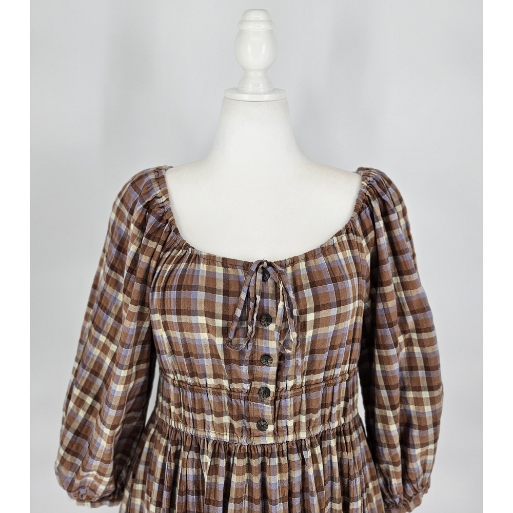 Madewell Brown Plaid Smocked Waist Midi Dress Puff Sleeve Cotton Blend Medium - Picture 3 of 11